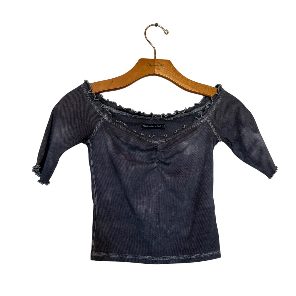 Abercrombie‎ & Fitch Womens XS Acid Wash Ribbed Off Shoulder Lettuce Edge Top XS